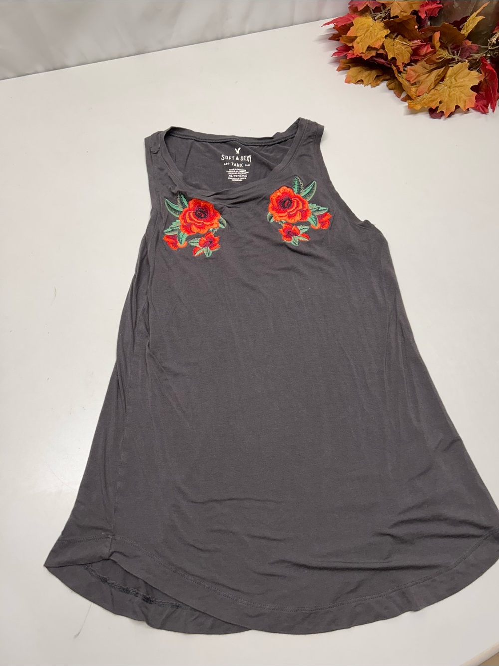 American Eagle Charcoal Tank Top with Red Rose Embroidery